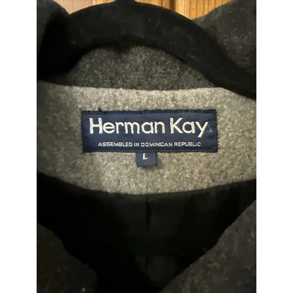 Vintage Herman Kay Coat Gray Wool Zip & Button Hooded Classic Heavy Size Large - Picture 3 of 10